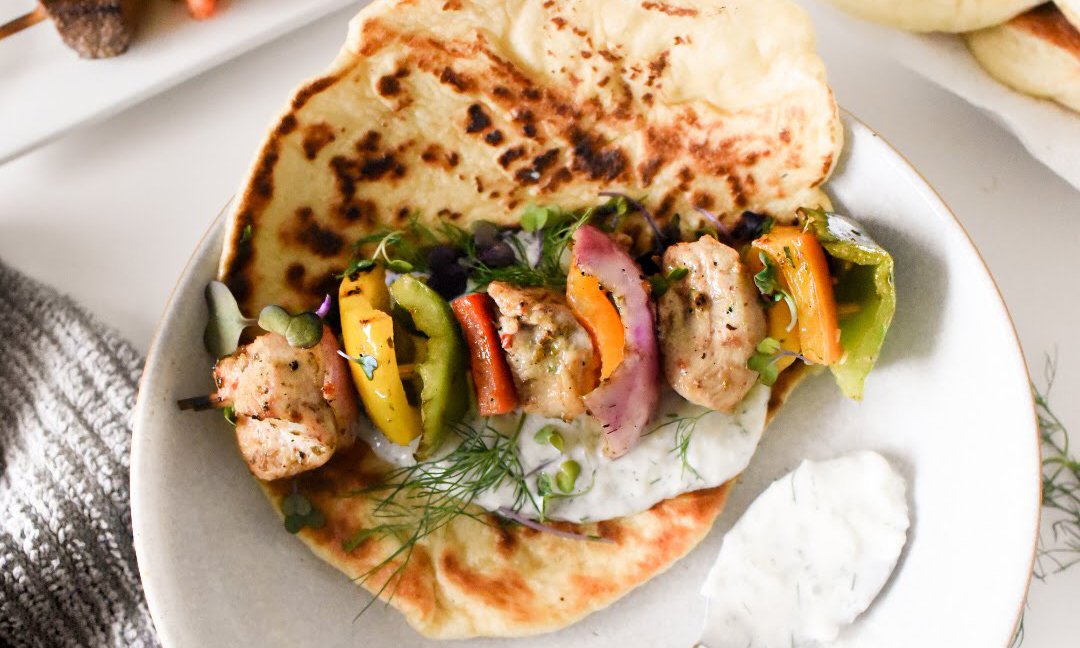 Greek Kabobs with Tzatziki and Warm Garlic Naan